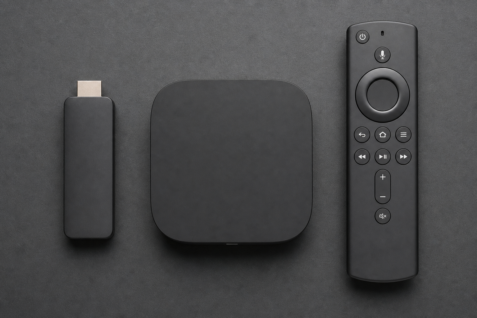 Fire TV Stick, Android TV box, and remote for IPTV streaming